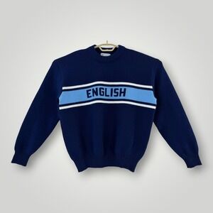 VTG Wear-A-Knit Mens Large English Graphic‎ Crewneck Sweater USA Blue